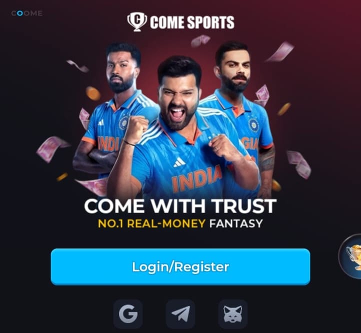 ComeGame app promotional banner with login and register call to action