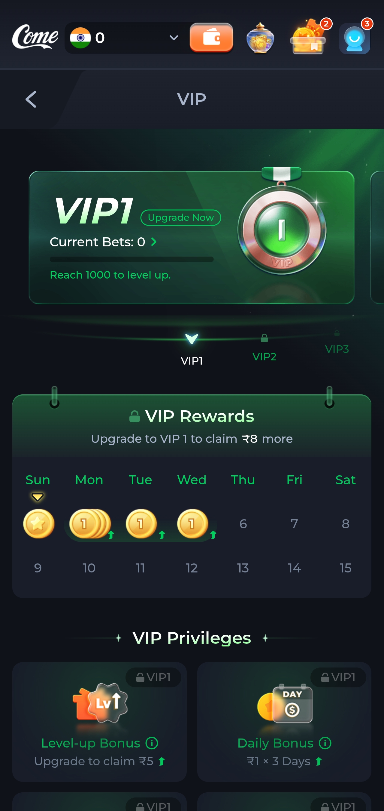 ComeGame app VIP club screen with rewards calendar