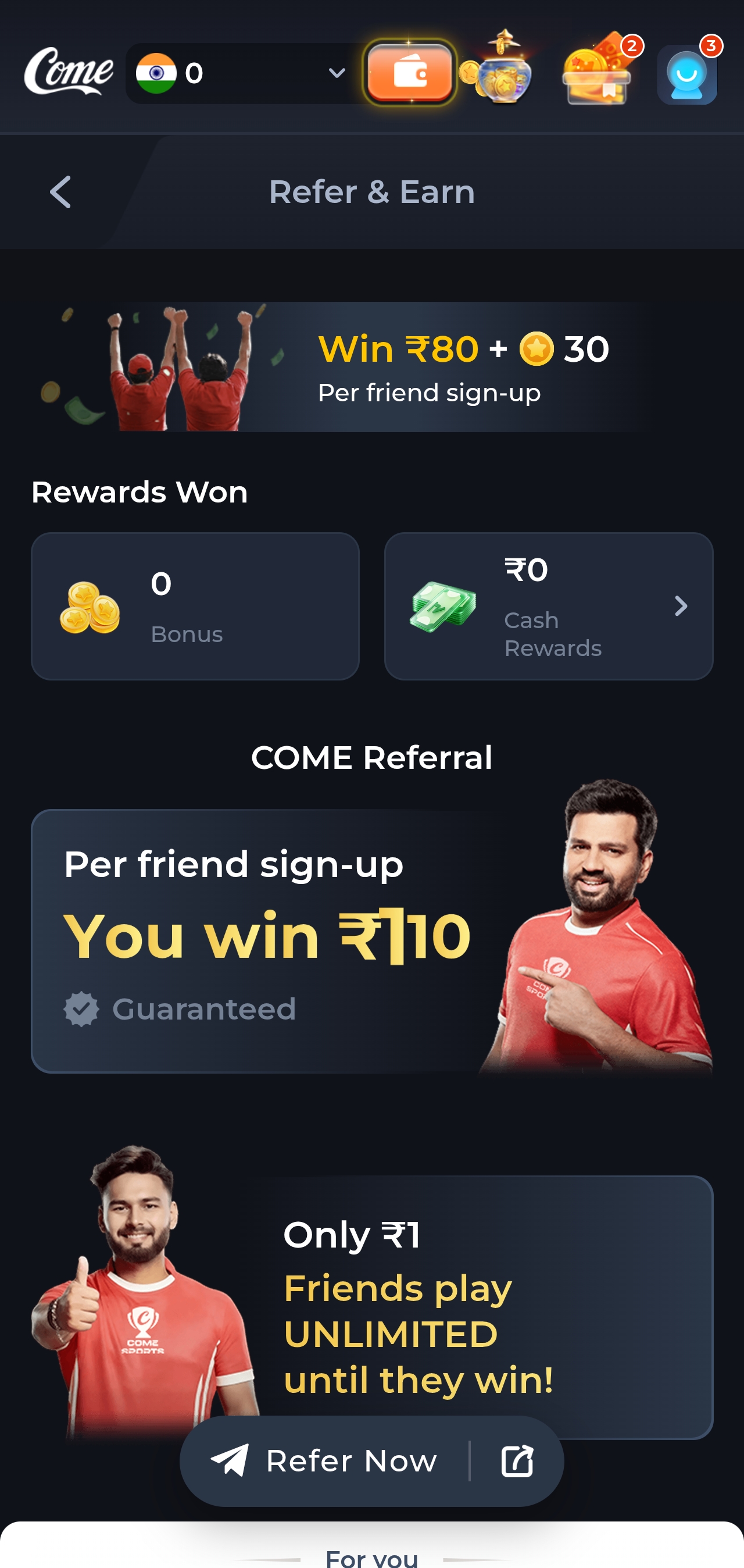 ComeGame app refer and earn screen
