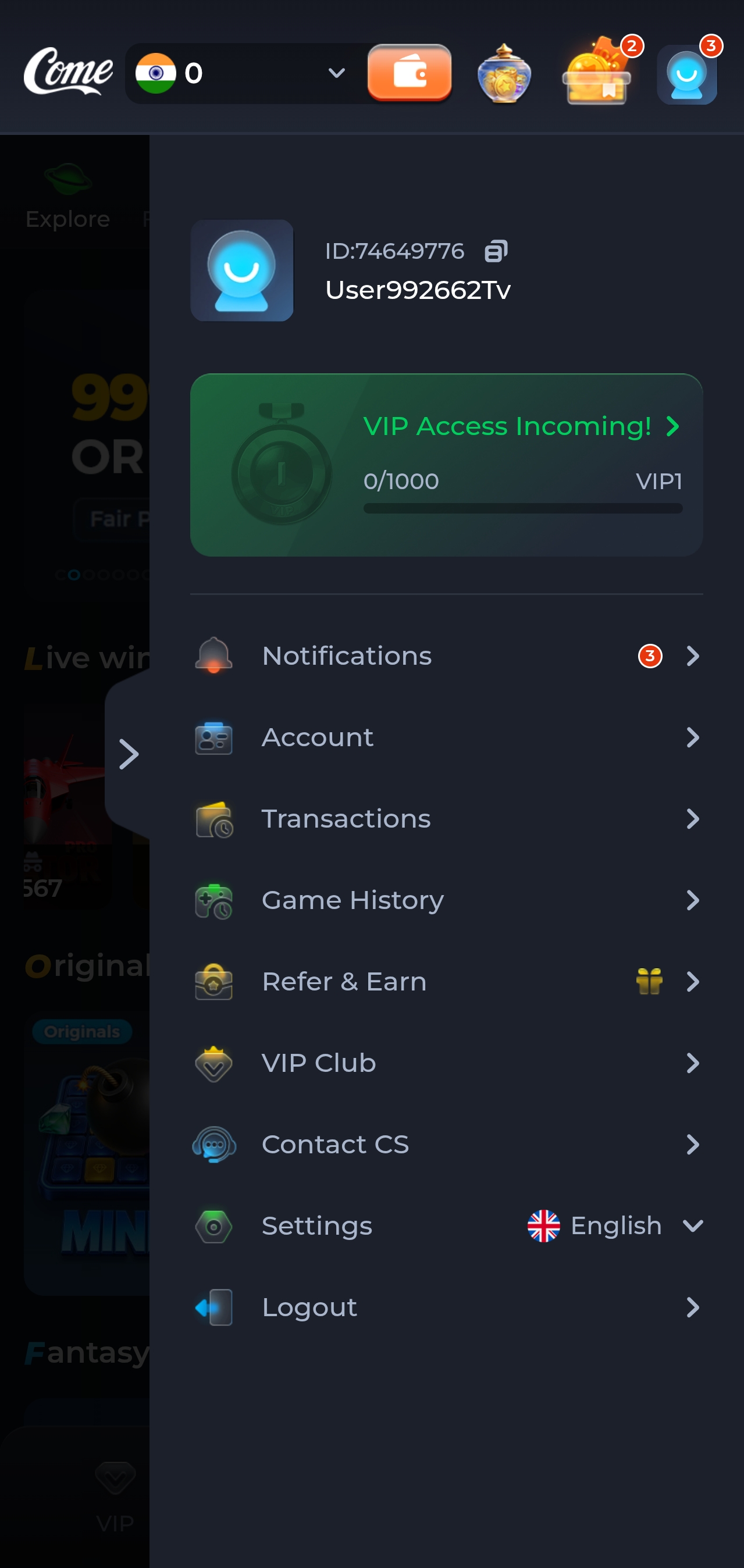 ComeGame app account menu with transactions and settings