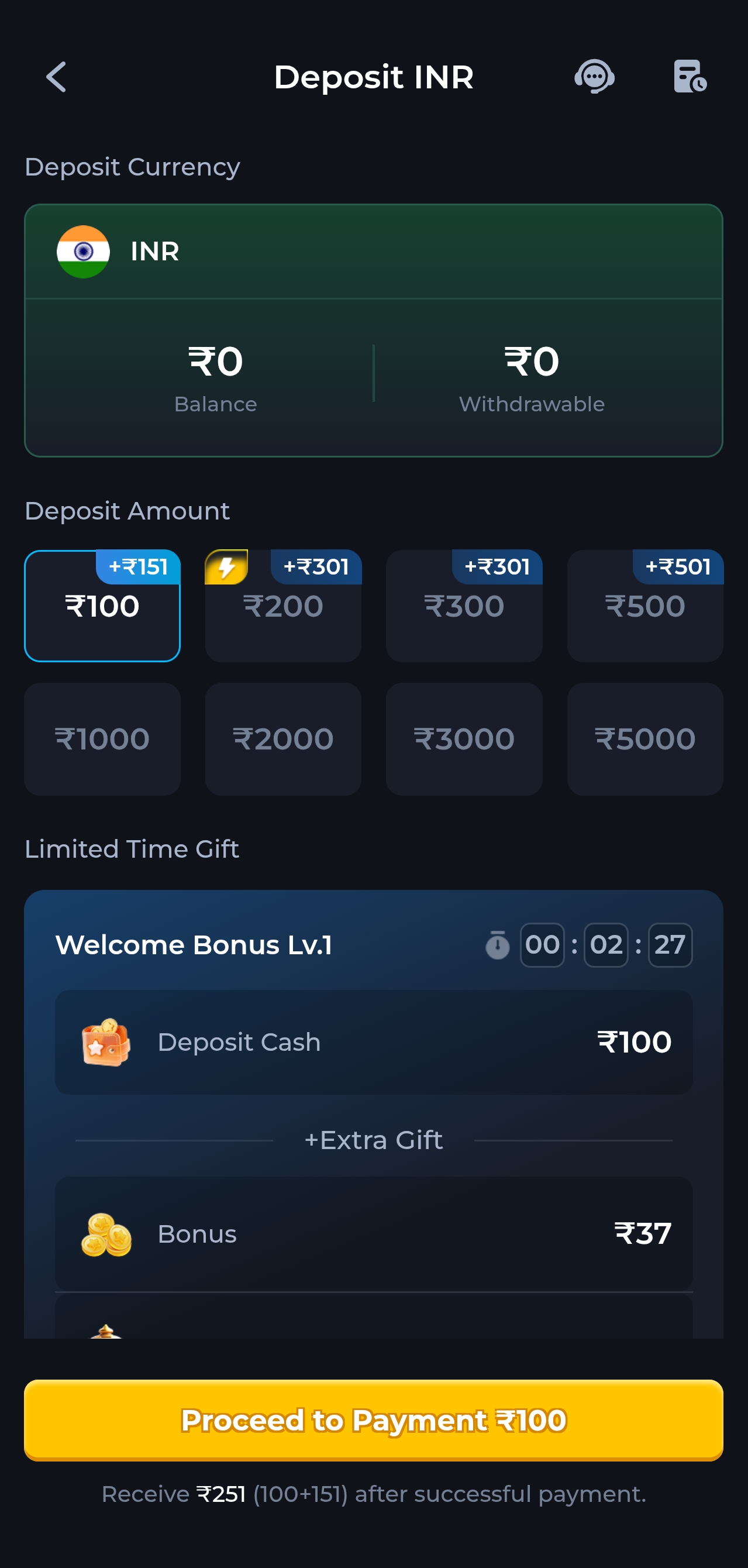 ComeGame app INR deposit screen with UPI amounts
